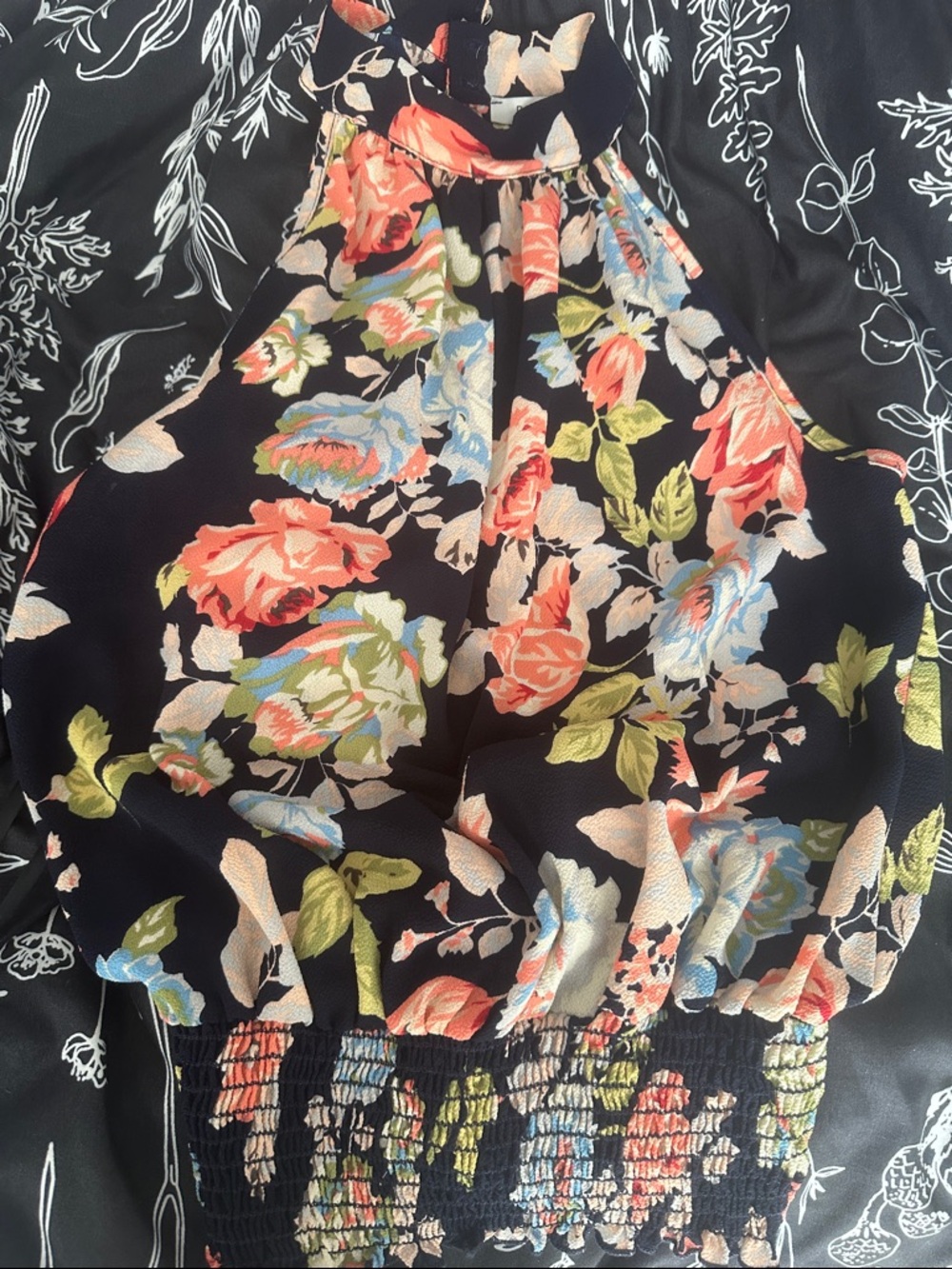 🔥BUNDLE 2/$12🔥Papaya Black Halter Jumpsuit with Coral, Blue & Green Floral Print